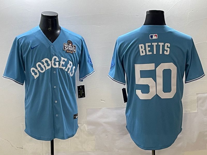 Men Los Angeles Dodgers 50 Betts Light Blue Throwback Game 2025 Nike MLB Jersey style 4